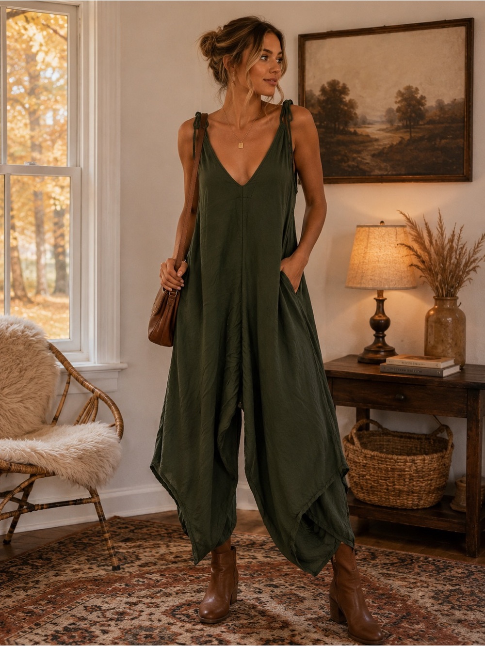 Olive Green Flowing Jumpsuit with Tie Straps